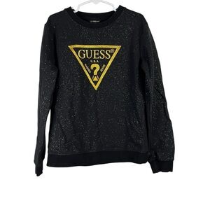 Guess Girls' Glitter Logo French Terry Sweatshirt - black w/ gold logo - Size 10